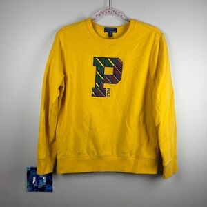 Polo Ralph Lauren Monogram Striped P Yellow Crewneck Sweatshirt Large 14-16 Kids